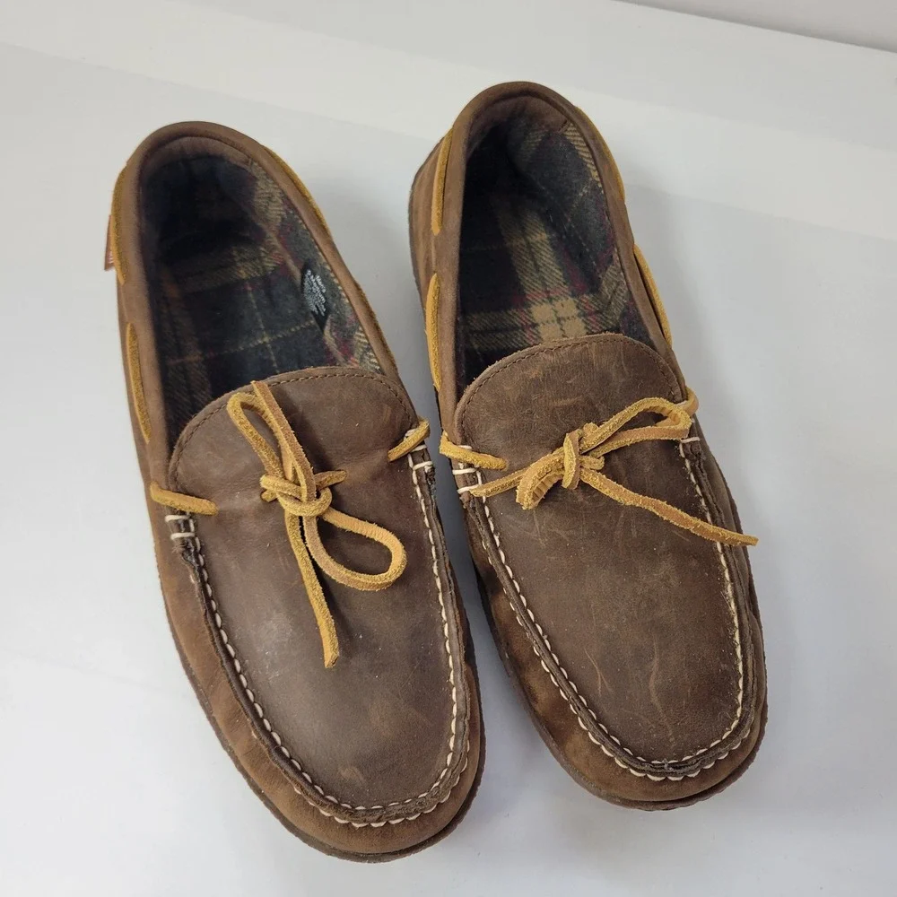 LL Bean Mens Brown‎ Leather Moccasin Slippers Cozy Plaid Lined Size 9